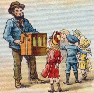 Orgue de Barbarie. Gravure dans « Alphabet de ma petite fille ». Bernardin-Bechet et Fils, libraires-éditeurs, Paris, vers 1895