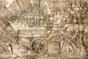 Basilique de Saint-Denis, Tombe de François 1er roi de France et Claude de France, Bas-relief de la fondation, Représentation de la bataille de Marignan en 1515 - les troupes de l