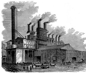 Hauts fourneaux aux Phoenix Iron and Bridge Works, Phoenixville, Pennsylvanie, USA, 1873