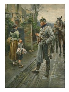 Garçon faisant une grimace à un officier de cavalerie allemand