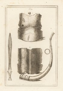 Plastron et dos de cuirasse romaine ancienne 1,2, lituus romain ou trompette militaire 3 et ancienne épée en laiton 4