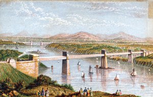 Pont tubulaire Britannia sur le détroit de Menai, Pays de Galles, vers 1850