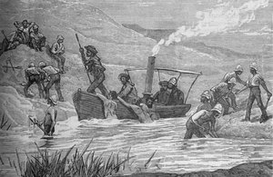 Soldats britanniques coupant un barrage construit par Arabi à Mahuta