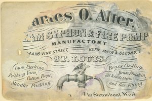 Carte de visite de James O. Alter, manufacture de siphons à vapeur et de pompes à incendie, St. Louis, vers 1870