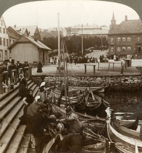 Achat de poisson dans un port de commerce arctique animé, Tromsø 69° 38 N. Lat., Norvège du Nord, 1902