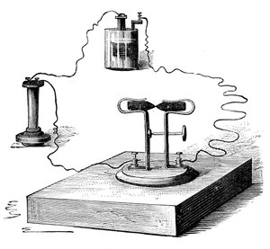 Microphone à charbon, inventé en 1878 par David Edward Hughes
