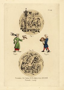 Festin avec des hommes en cyclas admonestés par un homme en coiffure légale et capuchon, scène de lit de mort avec le Diable prenant l