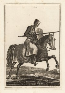 Chevalier en charge des XIIe et XIIIe siècles en cotte de mailles, casque plat, lance, bouclier en forme de poêle, jambières, selle de guerre