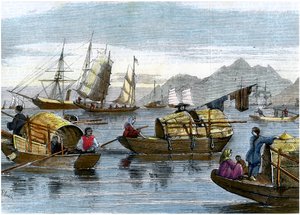 Sampans chinois dans le port de Hong Kong