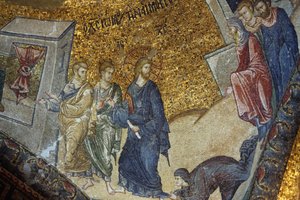 Église musée de Chora : mosaïque représentant la femme demandant à Jésus de restaurer sa santé, Istanbul, Turquie