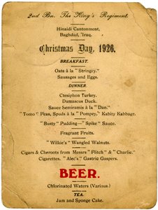 Menu du jour de Noël, 2e Bataillon du Régiment des Rois, Irak, 1926 - Unbekannt
