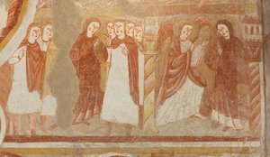 Église Saint-Martin. Intérieur. Peintures murales (fresque). Mur ouest de la nef. (détail) Accusation et annonciation de la Vierge. XIIe siècle.