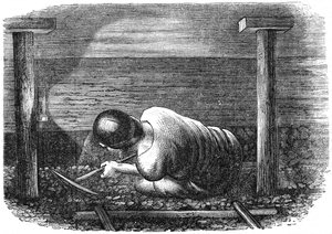Mineur de charbon travaillant dans une veine étroite, vers 1864