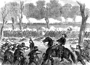 Le général confédéré Hood blessé à la bataille de Chickamauga, guerre civile américaine, 1863