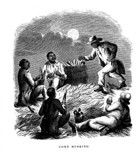 Épluchage de maïs, ouvriers noirs épluchant du maïs, sud des États-Unis, vers 1850