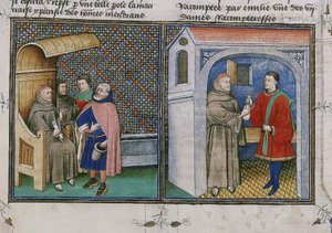 Corruption. Miniature du livre appelé Decameron de Giovanni Boccaccio, 1460s