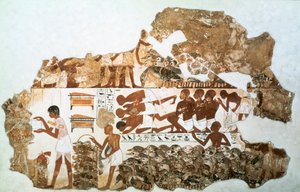 Comptage des oies : fragment de peinture murale de la tombe de Nebamun, Thèbes, Égypte, vers 1350 av. J.-C.