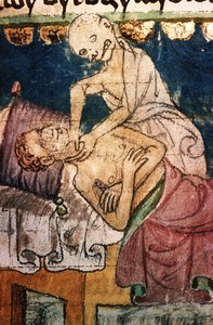 La Mort étranglant une victime de la peste. Du Codex Stiny