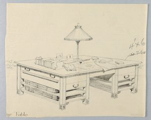 Conception pour une table de bibliothèque massive avec deux étagères ouvertes de chaque côté, 1900-1905 - Unbekannt