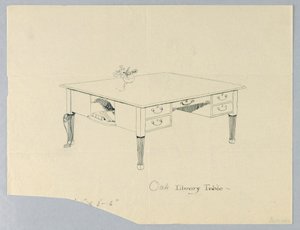 Dessin, Design pour une table de bibliothèque avec niche latérale et variation de pied indiquée - Unbekannt
