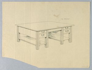 Dessin, Design pour une table de bibliothèque massive avec pieds cannelés carrés et étagères ouvertes - Unbekannt