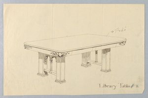 Dessin, Design pour une table de bibliothèque rectangulaire #2 avec visages de putti sculptés sur chaque coin arrondi