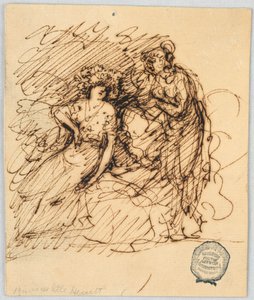Dessin, Esquisse figurative avec une fille assise conversant avec une fille debout