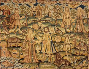 Panneau de broderie montrant des personnes, des fleurs, des insectes, des poissons et des animaux, 17ème siècle