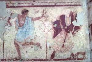Étrusque, tombe Triclinio, scène de banquet, 470 av. J.-C. Tarquinia, Italie.