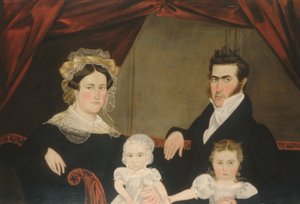 Groupe familial de quatre sur un canapé, vers 1830