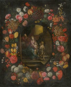 Famille dans une guirlande de fleurs et de fruits