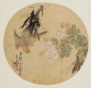 Peinture sur éventail - Fleur et oiseau, XIXe siècle - Unbekannt