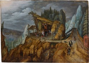 Paysage rocheux fantastique avec la Tentation de Saint Antoine - Unbekannt
