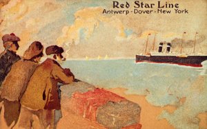 Pêcheurs et marins regardant un paquebot Red Star, vers 1900