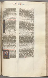 Fol. 353r, Joël, initiale historiée V, Joël assis avec un rouleau, buste de Dieu au-dessus, vers 1275-1300