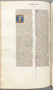 Fol. 360v, Nahum, initiale historiée O, Nahum agenouillé avec un parchemin, buste de Dieu au-dessus, vers 1275-13
