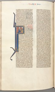 Fol. 412v, Luc, initiale historiée F, Luc priant à un autel, buste de Dieu au-dessus, vers 1275-1300 - Unbekannt