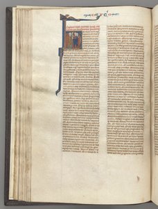 Fol. 62v, Deutéronome, initiale historiée H, Moïse avec des cornes et un rouleau prêchant..., c. 1275-1300 - Unbekannt
