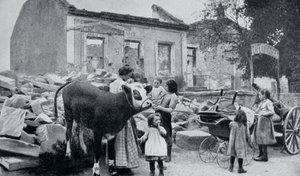 Réfugiés français retournant dans leur village abandonné, Artois, Première Guerre mondiale, 1915