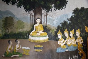 Fresque représentant une scène de la vie du Bouddha à Wat Phra Doi Suthep, Chiang Mai. Bouddha recevant des aumônes. Thaïlande