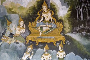 Fresque représentant une scène de la vie du Bouddha à Wat Phra Doi Suthep, Chiang Mai, Thaïlande