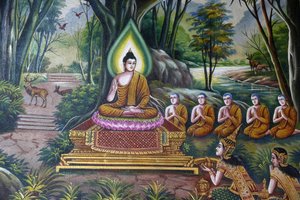 Fresque représentant le Bouddha avec des disciples à Wat Chiang Mun, Chiang Mai. Thaïlande - Unbekannt