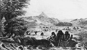 Fuegiens à Woollya, avec le camp de l