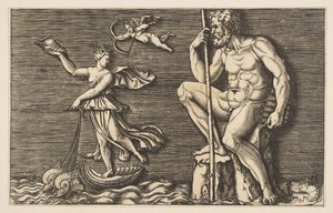 Galatée échappant à Polyphème, il est assis sur un rocher tenant un bâton et des pipes, vers 1515-1600