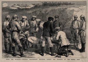 Le général Mikhaïl Dragomirov blessé lors de la bataille du col de Shipka, vers 1878 - Unbekannt