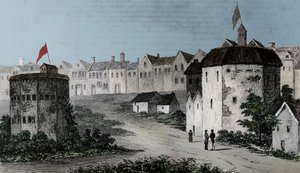 Théâtre du Globe, Bankside, Southwark à droite et le Bear Garden, vers 1597