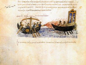 Feu grégeois. Miniature du Skylitzes de Madrid, 11ème-12ème siècle - Unbekannt
