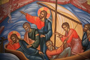 Icône orthodoxe grecque représentant Jésus (montré deux fois) et ses apôtres sur le lac de Tibériade, Thessalonique, Grèce - Unbekannt