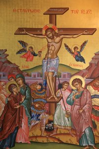 Icône orthodoxe grecque représentant la crucifixion de Jésus, Thessalonique, Grèce