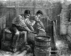 Meuleurs au travail, vers 1880